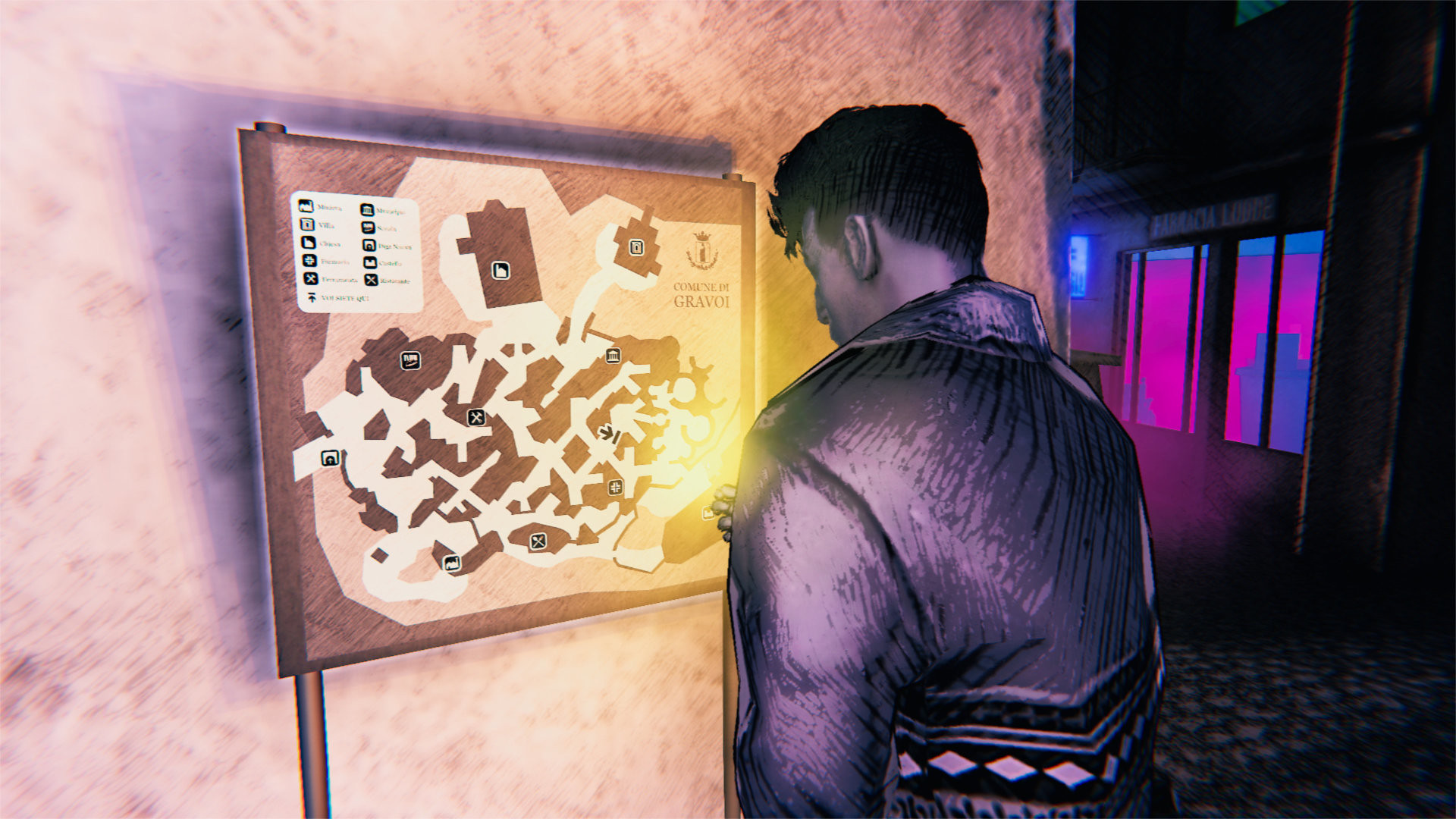 A character uses the flame of a match to study an engraved map.